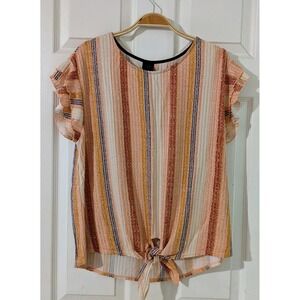 W5 Striped Textured‎ Tie Waist Top Womens Ruffle Sleeve Size XL